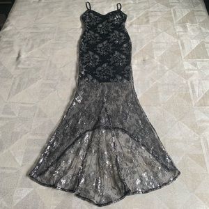 Vintage Black Dress with Silver Floral Mesh Overlay